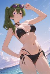 1girls ai_generated bare_shoulders beach bikini bird black_bikini blue_sky breasts cleavage cloud cowboy_shot eyewear_on_head female green_hair halterneck hand_on_hip long_hair looking_at_viewer navel ocean owari_wan purple_eyes seagull side-tie_bikini sky smile solo sousou_no_frieren standing string_bikini sunglasses swimsuit thighs ubel_(sousou_no_frieren) water
