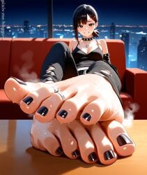 1girls ai_generated anklet barefoot black_clothing black_hair black_nail_polish black_nails black_toenails blush breasts chains chainsaw_man choker cleavage close-up couch emo feet feet_on_desk feet_on_table feet_up female female_only foot_fetish foot_focus goth higashiyama_kobeni hugguw light-skinned_female looking_at_viewer medium_breasts ripped_pants sitting soles solo spaghetti_strap spikes steam steamy sweat sweaty toe_ring toes