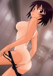 anus ass azumanga_daiou back black_hair blush breasts censored count_zero female female_only from_behind human kagura_(azumanga_daiou) leaning_forward looking_back medium_breasts mosaic_censoring nipples one-piece_swimsuit photo_background purple_eyes pussy pussy_juice short_hair sideboob solo spiked_hair standing swimsuit swimsuit_pull tan tanline undressing