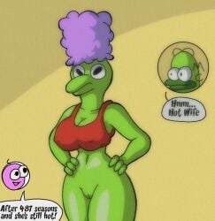 1girls 2boys artist_request bald bottomless breasts cleavage english_text frog_eyes green_skin hawk_tuah hi_res homer_simpson joke joke_art large_breasts marge_simpson navel nipples_visible_through_clothing pim_(smiling_friends) pink_skin psychicpebbles purple_hair pussy red_topwear smiling_friends source_request speech_bubble the_simpsons the_simpsons_reference
