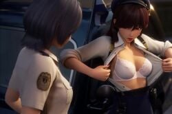 ai_generated brown_eyes brown_hair lacy_bra open_shirt police_uniform policewoman sayuki_(varsapura) undressing varsapura white_bra white_shirt yuri