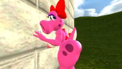 1girls 3d 3d_(artwork) against_wall anthro ass big_ass big_breasts big_butt big_thighs birdo bow breasts bubble_ass bubble_butt curvy diamond_ring eyeshadow female female_only kabalmystic_(style) mario_(series) nintendo nipples outdoors purple_eyes purple_eyeshadow red_bow solo tail thhypercombine12 thick thick_ass thick_butt thick_hips thick_thighs thighs wide_hips