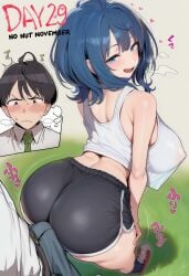 1boy 1girls ai_generated angry_expression areolae_visible_through_clothing back_view backboob bare_thighs biant_(artist) big_ass big_butt black_hair blue_eyes blue_hair blush bulge bulge_through_clothing dolphin_shorts fat_ass gigantic_ass gigantic_breasts huge_breasts huge_thighs light-skinned_female light-skinned_male light_skin long_hair looking_back make_heroine_ga_oo_sugiru! massive_ass massive_breasts nipples_visible_through_clothing no_nut_november nukumizu_kazuhiko penis_between_ass smiling squatting sweat sweatdrop tank_top thick_body thick_female thick_thighs thighs voluptuous voluptuous_female yanami_anna