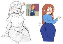 1girls :o ass big_ass big_breasts blush breasts brown_hair dress eyewear glasses heart kindergarten_(game) kindergarten_3 large_ass large_breasts light-skinned_female light_skin long_hair long_sleeves looking_back ms._lovelett n12griffith open_mouth partially_clothed red_eyewear red_glasses reference_image sidelocks simple_background sitting skindentation solo speech_bubble teacher thick_thighs watermark white_background wide_hips