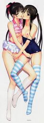 2girls asymmetrical_docking black_hair black_panties breast_to_breast cheek_to_cheek dakimakura eyebrows_visible_through_hair fault!! female female_only fingering hand_in_panties kissing kneehighs looking_at_viewer mouth_open multiple_girls mutual_masturbation pink_panties pink_shirt pleated_skirt ponytail ribbon saliva_string shirt_down shirt_up skirt_up socks striped_thighhighs sweat taka_tony thighhighs tongue_out twintails white_socks yuri