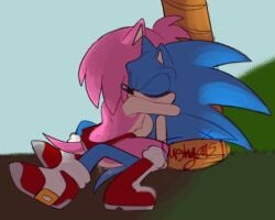 amy_rose anthro blue_body bodily_fluids boots breasts clothing dress duo eulipotyphlan female footwear genital_fluids hedgehog male male/female mammal nipples palm_tree pink_body plant sega sex shoes sleep_sex sleeping small_breasts sonic_(series) sonic_the_hedgehog sonic_the_hedgehog_(series) tail tan_body tan_skin tree ushgans
