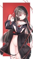 arm_cutout black_choker black_hair black_jacket black_panties black_serafuku black_shirt border bottomless chinese_commentary chisa_(wuthering_waves) choker cleft_of_venus closed_mouth clothing_cutout collarbone commentary_request cowboy_shot crop_top female hair_ribbon highres jacket large_variant_set long_hair long_sleeves looking_at_viewer midriff mole mole_under_eye nauuj neckerchief panties pussy red_background red_eyes red_neckerchief red_ribbon ribbon sailor_collar school_uniform serafuku shirt smile solo thigh_strap thighs uncensored underwear variant_set white_border white_sailor_collar wuthering_waves