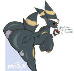 accessory ambiguous_gender anthro areola ass big_breasts big_butt black_body black_fur breasts dominant_anthro duo eeveelution face_in_ass facesitting female fur generation_2_pokemon gesture headband headband_only hi_res huge_butt looking_back mammal markings misx nintendo nipples nude pokeball pokemon pokemon_(species) simple_background sitting_on_another size_difference smile standard_pokeball text thick_thighs thumbs_up umbreon yellow_areola yellow_markings yellow_nipples