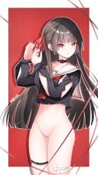 arm_cutout black_choker black_hair black_serafuku black_shirt border bottomless chinese_commentary chisa_(wuthering_waves) choker cleft_of_venus closed_mouth clothing_cutout collarbone commentary_request cowboy_shot crop_top female hair_ribbon highres large_variant_set long_hair long_sleeves looking_at_viewer midriff mole mole_under_eye nauuj neckerchief pussy red_background red_eyes red_neckerchief red_ribbon ribbon sailor_collar school_uniform serafuku shirt smile solo thigh_strap thighs uncensored variant_set white_border white_sailor_collar wuthering_waves