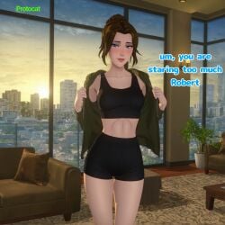 1girls ai_assisted ai_generated alternate_costume apartment bare_belly bare_legs belly black_topwear blonde_blazer blue_eyes blush blush blushing_at_viewer brown_hair brunette_hair cel_shading cg crop_top dispatch_(game) english_text female hair_bun hi_res highres hoodie indoors light-skinned_female light_skin looking_at_viewer mandy_(dispatch) protocat shorts shy shy_smile sidelocks slim slim_waist smile smiling_at_viewer solo solo_female talking_to_viewer text thighs undressing