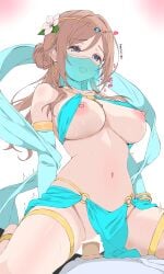 1boy absurdres arabian_clothes bar_censor blue_eyes blue_sleeves breasts brown_hair censored commentary_request cowgirl_position detached_sleeves earrings female flower gakuen_idolmaster hair_between_eyes hair_flower hair_ornament highres himesaki_rinami hoop_earrings idolmaster jewelry large_breasts long_hair mouth_veil navel nipples o-ring o-ring_bottom open_mouth pelvic_curtain penis sex solo_focus straddling straight sweat thigh_strap thighs veil watti3600 white_flower