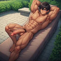 1boy abs ai_generated balls bara big_penis buff laying_on_back male male_only muscles muscular muscular_male penis self_upload six_pack