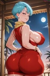 1girls ai_generated arched_back ass ass_focus ass_shake big_ass blue_eyes blue_hair bob_cut bracelet breasts bulma_briefs curvaceous curvy curvy_figure dragon_ball dragon_ball_super dragon_ball_z dress earrings expression female from_behind hands_on_hips hi_res high_quality highres hourglass_figure huge_ass huge_breasts jewelry long_hair mature mature_female milf moon mother night outdoors paid_reward_available palms scarf shiny_skin short_hair sideboob skindentation sleeveless_dress smug soft_breasts sweat sweating thick_thighs tight_dress tilt_back tropical velutinx veranda voluptuous voluptuous_body voluptuous_female watermark wet_body wet_clothes wide_hips