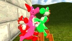 1girls 2boys 3d 3d_(artwork) ass ass_grab big_ass big_breasts big_butt big_penis big_thighs birdo black_eyes boobjob bow breasts butt_grab curvy eyeshadow female female/male/male half-closed_eyes hands_on_another's_ass hands_on_ass hands_on_butt kabalmystic_(style) male male/female/male male/male/female mario_(series) nintendo nipples outdoors paizuri penis purple_eyes purple_eyeshadow red_bow red_yoshi shoes tail thhypercombine12 thick thick_ass thick_butt thick_hips thick_thighs thighs threesome titjob trio vaginal_penetration wide_hips yoshi