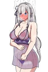 1girls apoelayoshi7 babydoll blushing breasts cleavage elf elf_ears elf_female emilia_(re:zero) hips lingerie lingerie_only nipples purple_eyes re:zero_kara_hajimeru_isekai_seikatsu silver_hair solo standing thick_thighs translucent translucent_clothing white_background