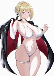 absurdres bikini black_jacket blonde_hair blush braid braided_bun breasts cabbage_ex chromatic_aberration cleavage clenched_hand closed_mouth collarbone commentary cowboy_shot earrings elbow_gloves evelyn_chevalier female fingernails gloves grey_background groin hair_bun halterneck hands_up highres holding holding_jacket holding_unworn_clothes jacket jacket_on_shoulders jewelry large_breasts looking_at_viewer mole mole_under_eye navel purple_eyes ring_hair_ornament short_hair simple_background single_bare_shoulder single_earring single_elbow_glove single_hair_bun skindentation smile solo standing stomach string_bikini swimsuit thigh_strap two-sided_fabric two-sided_jacket underboob unworn_jacket variant_set white_background white_bikini white_gloves zenless_zone_zero