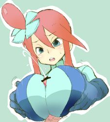 1boy 1girls big_breasts blue_eyes breast_lift breasts breasts_hold bushizo cum cum_between_breasts ejaculation_between_breasts female gloves hair hair_ornament huge_breasts human large_breasts male paizuri pokemon red_hair skyla_(pokemon) straight tight_clothes unitard