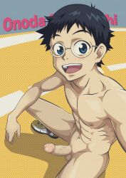 1boy abs allenchen0310 balls biceps big_areola black_hair blue_eyes breasts censored censored_balls censored_penis collarbone completely_nude crouching dotted_background erection eyelashes foreskin foreskin_folds gay glasses happy hi_res high-angle_view laugh looking_at_viewer male male_only mature_male mosaic_censoring muscles muscular muscular_male navel no_body_hair nude onoda_sakamichi pecs penis pink_glans pointless_censoring retracted_foreskin selfie selfie_pose shadow shoes_only short_hair six_pack sneakers solo uncircumcised uncut veiny_penis yaoi young yowamushi_pedal