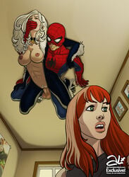 1boy 2girls abs alx_(fuckit) black_cat_(marvel) ceiling cheating cheating_husband clueless covering covering_mouth cuckquean exposed_breasts exposed_pussy felicia_hardy female hand_over_another's_mouth hand_over_mouth handgag human male male/female marvel mary_jane_watson nipples perspective peter_parker pubic_hair red_hair sex spider-man spider-man_(series) stealth stealth_sex straight straight_hair uniform white_hair