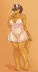 absurd_res anthro artist_name belly big_breasts blue_eyes blush breasts brown_hair ceratopsian ceratopsid chasmosaurine clothed clothed_anthro clothed_female clothing colored dinosaur dress facial_horn feet female fingers freckled_breasts freckled_face freckles front_view full-length_portrait genitals hair hi_res hold_onto_mi horn humanoid_feet humanoid_genitalia humanoid_hands humanoid_vulva hyuvevo ineffective_clothing looking_at_viewer looking_down low-angle_view marginocephalian markings medium_hair mimi_(hold_onto_mi) nipple_dip nipple_outline non-mammal_breasts orange_background orange_body ornithischian plantigrade portrait prehistoric_species reptile scalie seductive shaded shadow simple_background sketch slightly_chubby slightly_chubby_anthro slightly_chubby_female solo standing striped_markings stripes tail text thick_thighs toes translucent translucent_clothing translucent_dress triceratops vulva white_clothing white_dress wide_hips