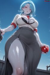 adult_female ai_generated big_ass big_breasts big_thighs black_bra blue_hair blue_sky cleavage cloud curvy curvy_figure daytime female from_below full_body gardevoir high_quality high_slit highly_detailed highres holding holding_pokeball hourglass_figure huge_ass huge_breasts leg_focus light_blue_hair long_skirt looking_at_viewer looking_down_at_viewer low_angle mature mature_female open_shirt outdoors paid_reward_available pale-skinned_female pale_skin parted_lips personification pok&eacute;mon_(species) pokeball pokemon pokemon_(creature) pokemon_(species) red_eyes rolled_up_sleeves seductive_smile shiny_skin short_hair skindentation skirt slit slit_skirt soft_breasts solo standing sweat sweating thick_thighs thigh_focus velutinx voluptuous wet_body white_body white_shirt white_skin wide_hips