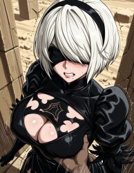 1boy ai_generated alternate_breast_size black_blindfold black_dress black_gloves black_hairband blindfold blush breast_grab breasts cleavage cleavage_cutout clenched_teeth clothing clothing_cutout covered_eyes dark-skinned_male dark_skin dress feather-trimmed_sleeves female gloves grabbing grabbing_another's_breast groping hairband headwear interracial jousneystudio juliet_sleeves large_breasts long_sleeves looking_at_viewer male mole mole_on_breast mole_under_mouth motion_lines nier nier:_automata nier_(series) outdoors patreon_username puffy_sleeves short_hair solo_focus straight sweat teeth trembling white_hair yorha_2b