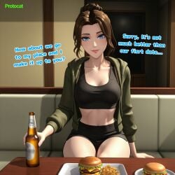 1girls ai_assisted ai_generated alternate_costume bare_belly bare_legs bare_thighs beer belly black_topwear blonde_blazer blue_eyes brown_hair brunette_hair cel_shading cg crop_top date dispatch_(game) english_text fast_food female hair_bun hi_res hoodie light-skinned_female light_skin looking_at_viewer mandy_(dispatch) protocat shorts sidelocks slim slim_waist smile smiling_at_viewer solo solo_female talking_to_viewer text thighs