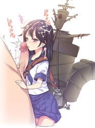 akatsuki_(kantai_collection) akihazama black_hair blush censored cum facial fellatio female handjob kantai_collection long_hair open_mouth oral penis personification school_uniform serafuku skirt solo_focus straight tongue trembling