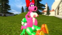 1boy 1girls 3d 3d_(artwork) balls big_breasts big_penis big_thighs birdo black_eyes bow breasts curvy diamond_ring duo eyeshadow female female/male female_on_top kabalmystic_(style) male male/female mario_(series) nintendo nipples open_mouth outdoors penis purple_eyes purple_eyeshadow red_bow sex shoes tail thhypercombine12 thick thick_hips thick_thighs thighs vaginal vaginal_penetration wide_hips yoshi
