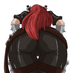 1girls apple_butt ass ass_focus big_ass big_butt booty clothed female female_only from_behind from_below katarina_du_couteau league_of_legends long_hair low-angle_view red_hair scarmiglione simple_background solo straps weapon