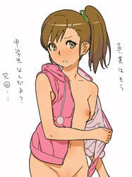 brown_eyes brown_hair clothing female futami_mami hamanasu idolmaster long_hair navel nipples no_bra no_panties small_breasts solo translation_request