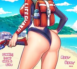 alternate_costume ass beach big_ass hi-rez_studios ikkimay lian_(paladins) paladins shore_patrol_(paladins) shore_patrol_lian swimsuit text