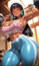 1girl ai_generated armpits bangs bare_shoulders black_hair blue_pants blunt_bangs blush bracelet breasts brown_eyes chel_(the_road_to_el_dorado) cleavage closed_mouth covered_nipples cowboy_shot crop_top curvy dante_ai dark-skinned_female dark_skin dumbbell earrings exercise from_below half-closed_eyes indoors jewelry large_breasts lips long_hair looking_at_viewer makeup midriff navel pants shiny shiny_clothes shiny_hair shiny_skin signature smile solo sports_bra standing steaming_body stomach straight_hair sweat sweaty_clothes thick_thighs thighs tight weightlifting wet