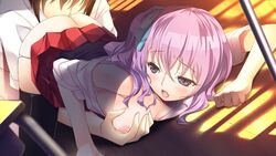 blush eleonora_vletoblood female game_cg hinasaki maternity_monsters!_~dekichaimashita!~ purple_eyes purple_hair ribbon school_uniform short_hair skirt thighhighs