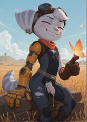ai_generated balls butterfly closed_eyes comfyui cum_drip earrings exposed_penis flaccid foreskin genderswap_(ftm) gloves goggles_on_head grin long_foreskin male mostly_clothed outdoors penis ratchet_and_clank ratchet_and_clank:_rift_apart rivet_(ratchet_and_clank) robotic_arm self_upload showing_teeth sitting smile solo torn_clothes
