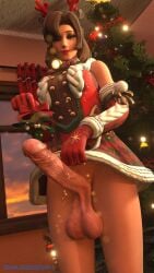 1futa 3d blender brunobwh christmas christmas_outfit christmas_tree clothed futanari large_penis large_testicles looking_at_viewer mercy mistletoe overwatch overwatch_2 penis_out self_upload skirt_lift solo solo_futa testicles