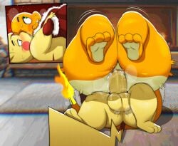 anal anal_sex anthro anthro_on_anthro anthro_penetrated anthro_penetrating anthro_penetrating_anthro ass balls big_butt blush bodily_fluids charmander christmas clothing costume duo ero_(erobos) feet fire fireplace flaming_tail generation_1_pokemon genitals hadou_(satsui-n0-had0u) hi_res holidays inside lying male male/male male_penetrated male_penetrating male_penetrating_male nintendo on_back orange_body penetration penis pikachu pokemon pokemon_(species) santa_costume satsui-n0-had0u sex sweat tail thick_thighs yellow_body