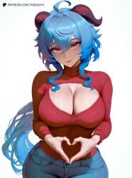 1girls ai_assisted blue_hair breasts cleavage cleavage_cutout clothed clothing female female_focus female_only fit fit_female ganyu_(genshin_impact) genshin_impact heart high_resolution highres horn horns jeans large_ass large_breasts lips long_hair looking_at_viewer smile smiling smiling_at_viewer sweater tagme thedachy thin_waist tight_clothing wide_hips