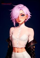 ai_generated blue_eyes crossdressing ear_piercing earrings femboy flat_chest ilfb looking_away purple_hair short_hair standing trap