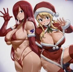 2girls blonde_hair breasts christmas erza_scarlet fairy_tail female hair_over_one_eye hips huge_breasts light-skinned_female light_skin long_hair lucy_heartfilia red_hair shexyo thick_thighs thighs wide_hips