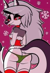 absurd_res anthro ass blackmore blep canid canid_demon canine canis christmas christmas_clothing clothing demon female festive grey_hair hair hellhound helluva_boss hi_res holidays looking_at_viewer loona_(helluva_boss) mammal mythological_canine mythological_creature mythology snowflake solo tail tongue tongue_out wolf