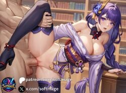 ai_generated female genshin_impact heels high_heels purple_eyes purple_hair raiden_shogun sex softmage stockings thighhighs