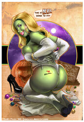 1girls ass big_ass blonde_hair cedric_poulat corset cosplay dat_ass dialogue emma_frost_(cosplay) female female_only gloves green_eyes green_skin halloween high_heel_boots hoop_earrings hulk_(series) lipstick long_gloves looking_back marvel marvel_comics on_knees panties rear_view she-hulk solo speech_bubble tattoo thigh_boots thighhigh_boots thong wig