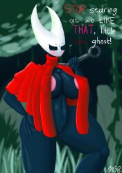 2024 2_horns 5_fingers anthro areola arthropod artist_name biped black_breasts black_eyes blush breasts cloak clothing dialogue digital_media_(artwork) english_text exclamation_point female fingers genitals grass holding_melee_weapon holding_object holding_weapon hollow_knight horn hornet_(hollow_knight) melee_weapon mg8nsfw nipples outside pink_areola pink_nipples pink_text plant profanity pussy red_cloak red_clothing red_text solo standing talking_to_another team_cherry text thick_thighs weapon white_head white_text