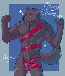 anthro biceps blaidd_(elden_ring) bulge canid canine canis christmas durgewoof elden_ring fromsoftware genitals hi_res holidays male male/male mammal muscular penis scar solo wolf