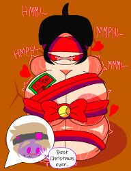 big_breasts big_breasts blindfold bondage bondage christmas christmas_ribbon dispatcher_(tds) gagged gagged_female kneeling merry_christmas ribbon ribbon_bondage sweaty_body thick_thighs tied_up titus_(tds) tower_defense_simulator