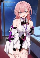 ai_generated asta_(honkai:_star_rail) bare_shoulders black_skirt blue_eyes hands_on_own_knees honkai:_star_rail hoyoverse leaning_forward looking_at_viewer medium_breasts mihoyo open_mouth pink_hair primosan short_hair side_ponytail single_braid skirt smile standing