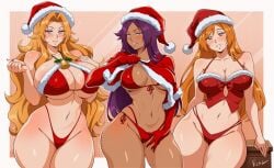 3girls belly_button big_breasts bleach blush bra breasts busty christmas christmas_bikini christmas_outfit cleavage curvy dark-skinned_female dark_skin female female_only inoue_orihime inviting long_hair matsumoto_rangiku orange_hair panties purple_hair santa_bikini santa_hat seductive seductive_look seductive_smile sexy_santa shihouin_yoruichi smile thick_thighs top_lift vizaz voluptuous wide_hips