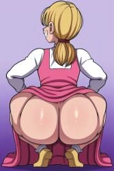 1girls ass ass_focus big_ass blonde_hair bottom_heavy dragon_ball dragon_ball_gt dress huge_ass marron massive_ass nini_mihy no_panties solo squatting thick_thighs wide_hips