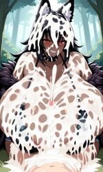 ai_generated animal_ears bikini black_hair breasts_bigger_than_head bunny_ears cat_ears cum cum_drip cum_everywhere cum_explosion cum_on_body cum_on_breasts cum_on_face dark-skinned_female dark_skin engulfing_paizuri enormous_breasts fox_ears ftggtgg fur gigantic_breasts hellhound huge_breasts hyper large_breasts massive_breasts paizuri red_eyes wolf_ears